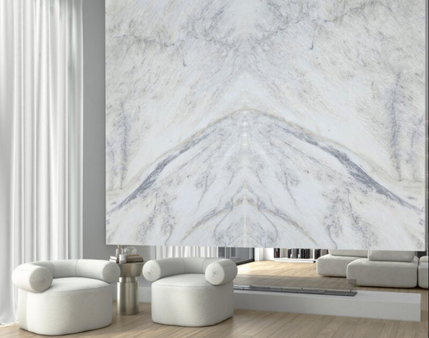 Book-matched white marble feature wall installation showing natural veining and the effect of consecutive slab matching
